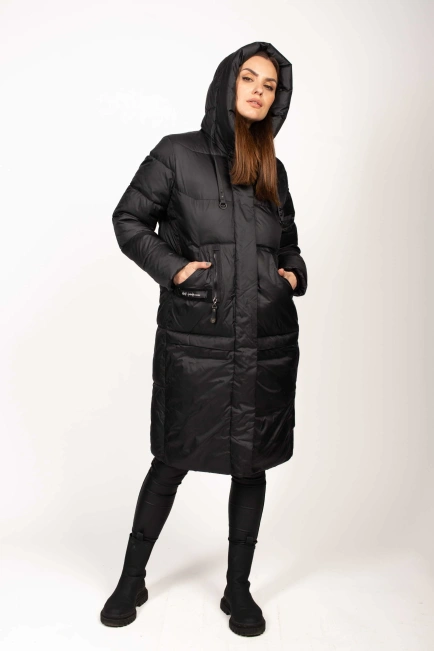 Біопуховик чорний з декором на кишені-7