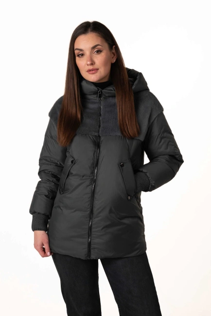 Биопуховик с экомехом тёмно-бирюзового цвета-1