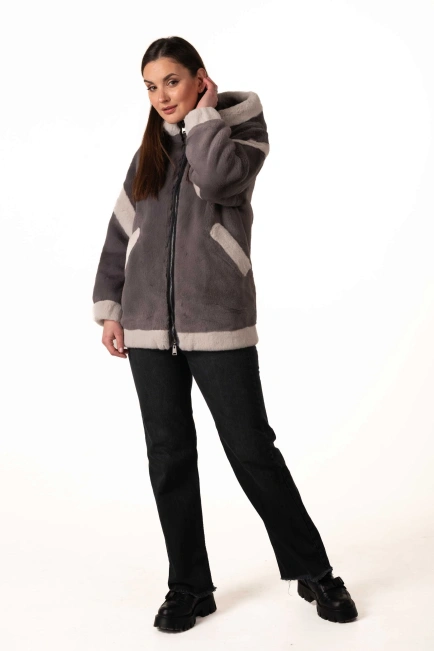 Шуба из экомеха серая со светлыми вставками-9