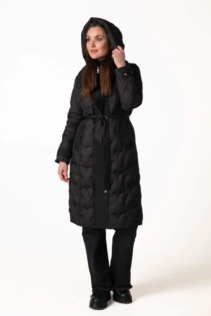 Пуховик з натуральним пухом, капюшоном та поясом-9