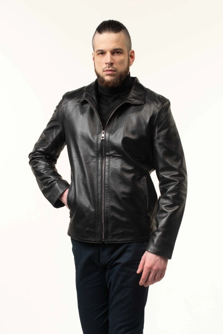 Мужская кожаная куртка черная гладкая-10