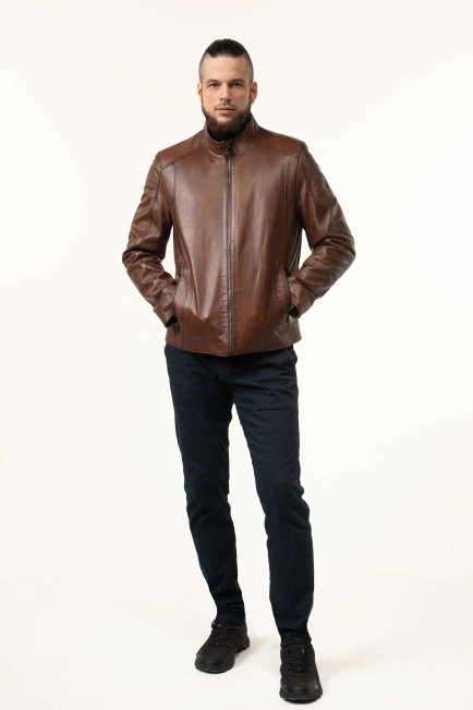 Шкіряна куртка чоловіча у коричневому відтінку-7
