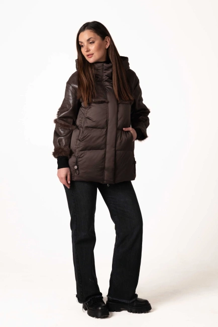 Биопуховик с кожаными и меховыми вставками-7