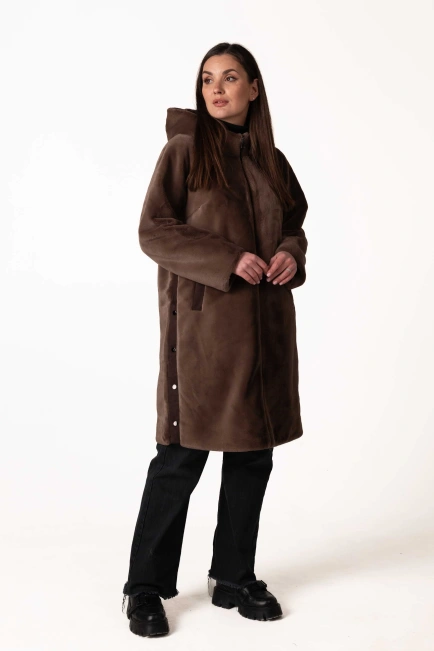 Коричневая прямая длинная шуба из экомеха-7