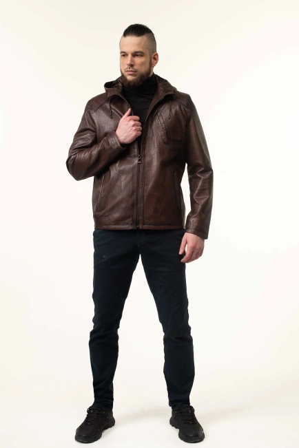 Шкіряна коричнева куртка з капюшоном чоловіча-3