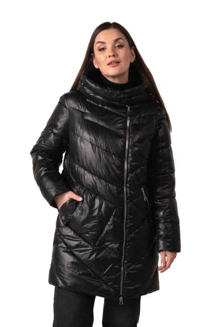 Женский черный биопуховик с накладным карманом-1