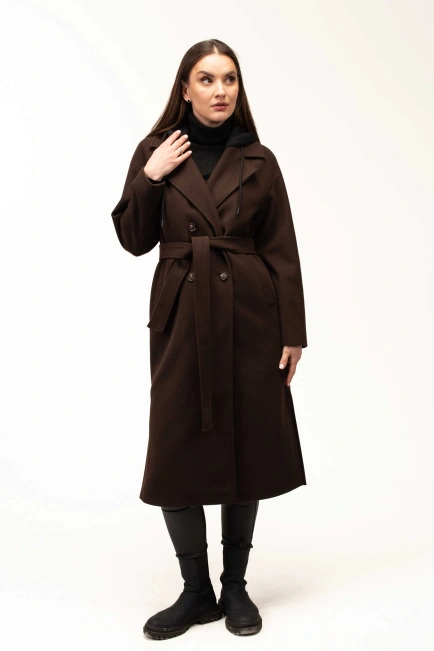 Жіноче пальто коричневе з чорним капюшоном-9