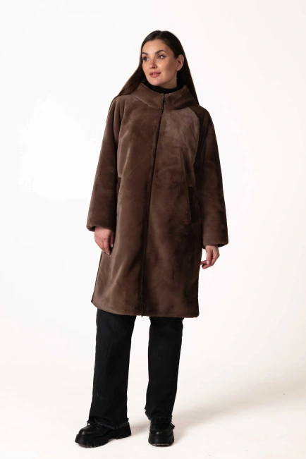 Коричневая прямая длинная шуба из экомеха-3