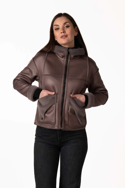 Женская эко-дублёнка лилово-коричневого цвета-4