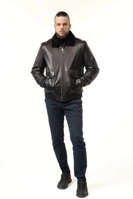 Шкіряна дублянка-бомбер з хутряним коміром-3