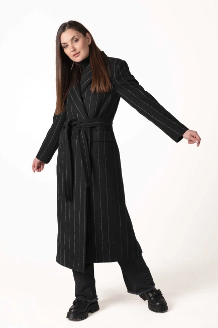 Жіноче класичне пальто чорне з білою смужкою-9
