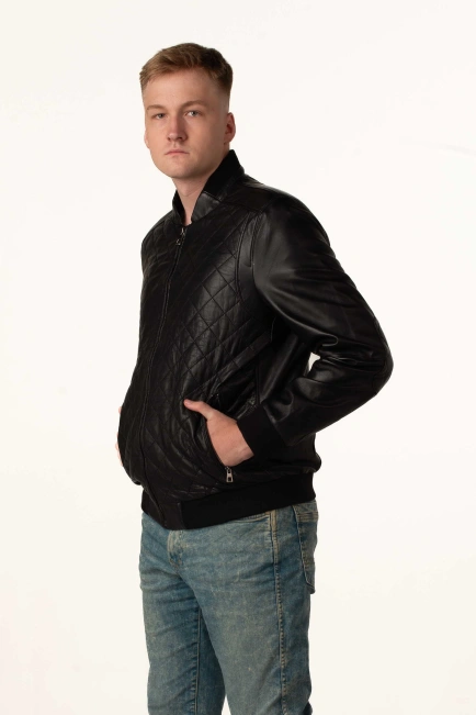 Чоловіча шкіряна куртка-бомбер чорна-7