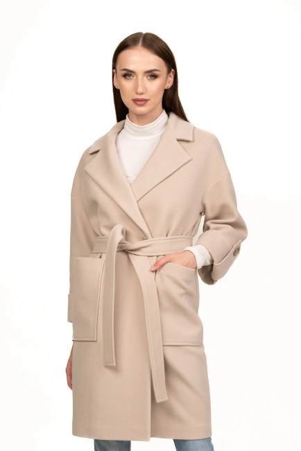 Женское пальто с поясом светлый беж-3