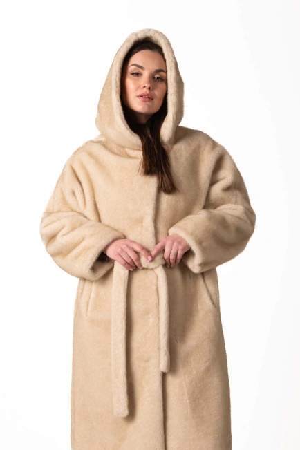 Шуба з екохутра бежева з втяжним поясом-4