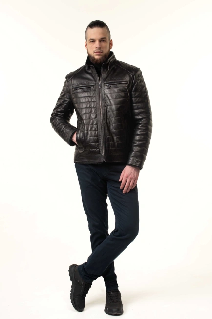 Чоловіча шкіряна дублянка з прострочкою-6
