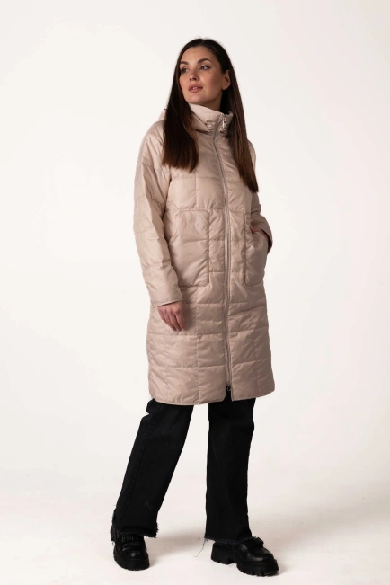 Жіноча демісезонна куртка з капюшоном беж стьобана-7
