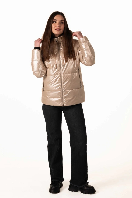 Бежевый биопуховик с капюшоном для зимы-9