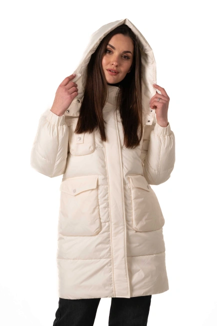 Молочный биопуховик с капюшоном и декором-4
