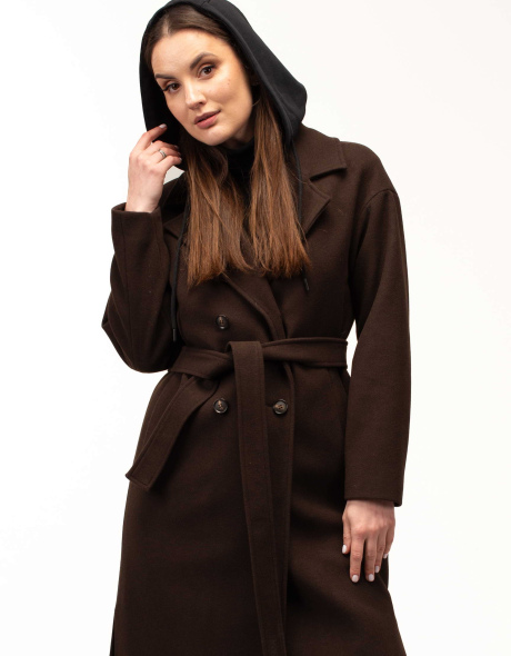 Жіноче пальто коричневе з чорним капюшоном