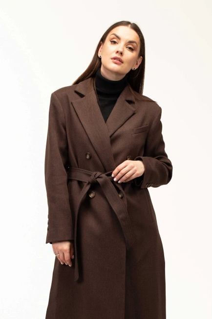 Жіноче пальто коричневого кольору з поясом-1