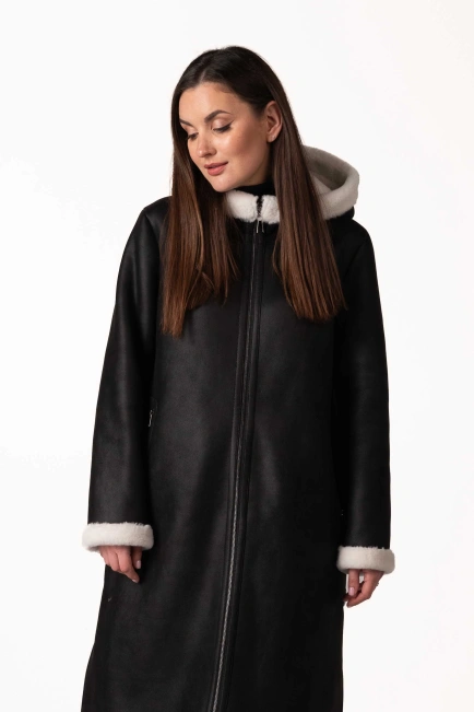 Женская чёрная экодублёнка с белым эко-мехом-4