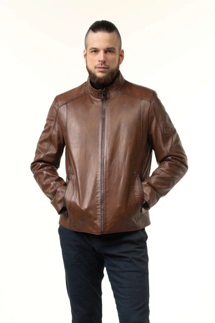 Шкіряна куртка чоловіча у коричневому відтінку-1