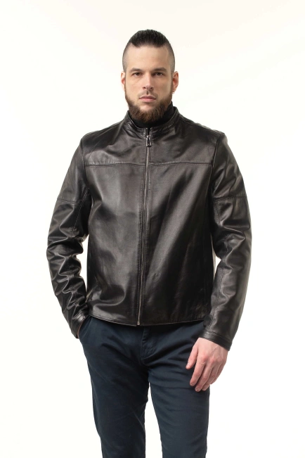 Чоловіча шкіряна куртка з кнопками на манжетах-1