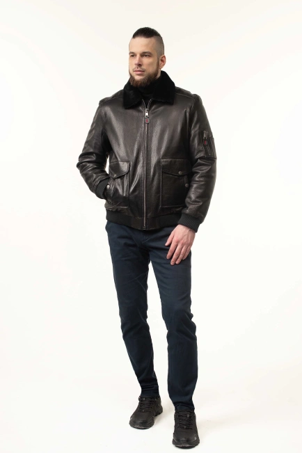 Шкіряна дублянка-бомбер з хутряним коміром-8
