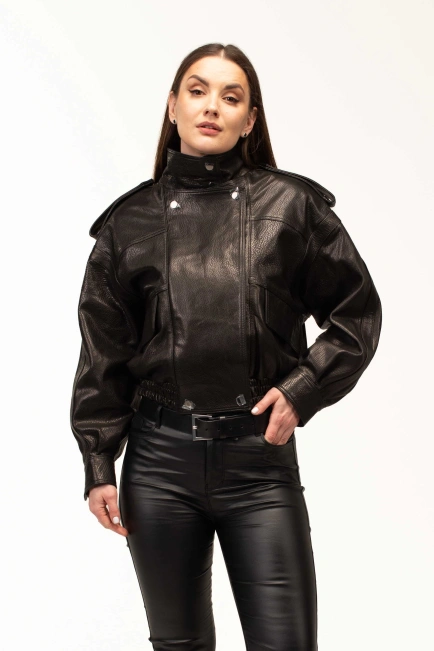 Шкіряна куртка-бомбер з подвійним коміром-1