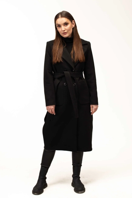 Жіноче пальто чорне під пояс довге-6