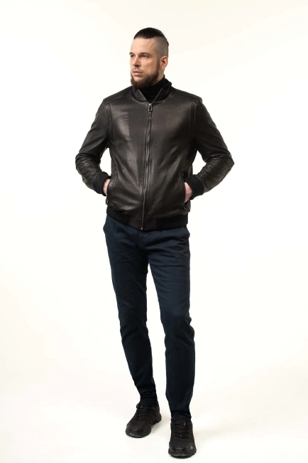Чоловіча шкіряна куртка-бомбер чорна-7