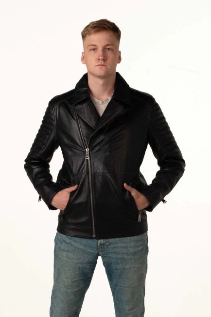 Чоловіча шкіряна куртка-косуха чорна-1