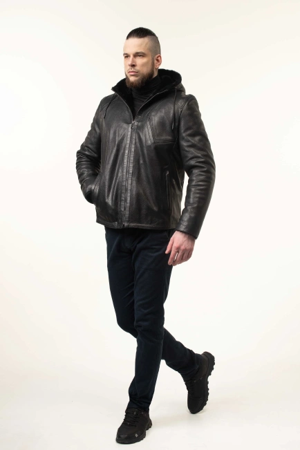 Шкіряна дублянка з капюшоном зимова-5