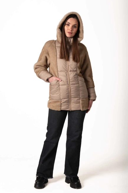 Биопуховик с экомехом бежевого цвета зима-8