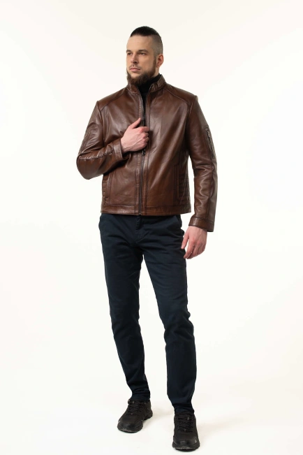 ожаная куртка коричневого цвета с прострочкой-7