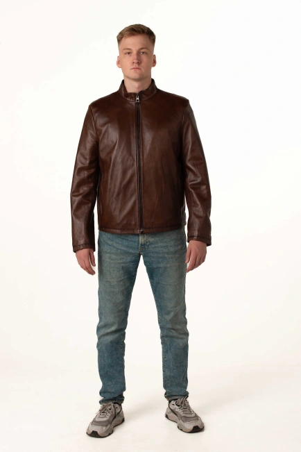 Чоловіча шкіряна куртка пряма коричнева-7