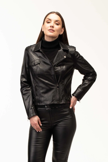 Жіноча чорна шкіряна куртка з блискавками-1