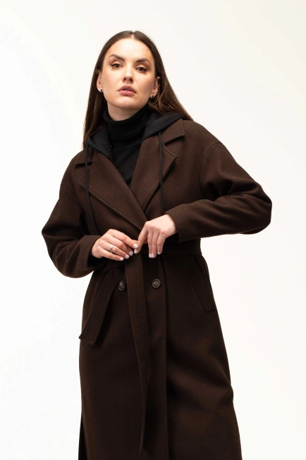Жіноче пальто коричневе з чорним капюшоном-4