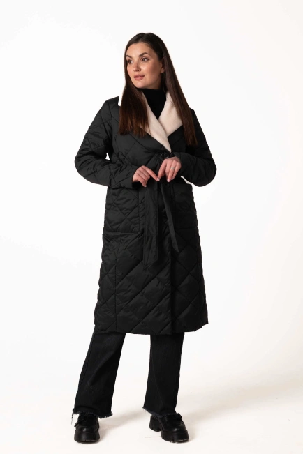 Черный биопуховик с английским воротником и поясом-9