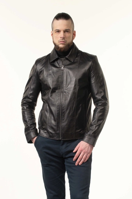 Шкіряна куртка чоловіча коричнева з комірцем-1