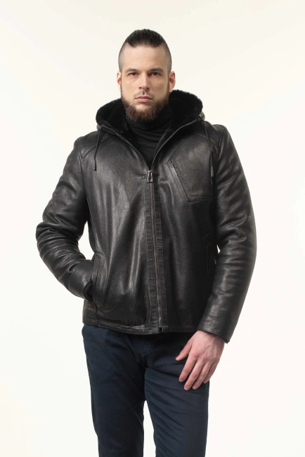 Шкіряна дублянка з капюшоном зимова-1