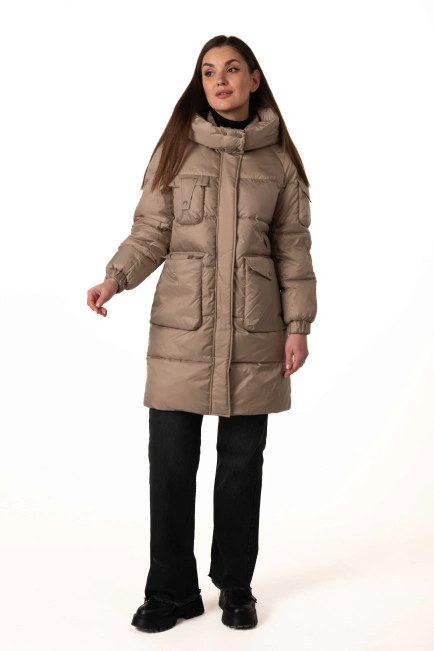 Бежевый биопуховик с декором на рукаве-8