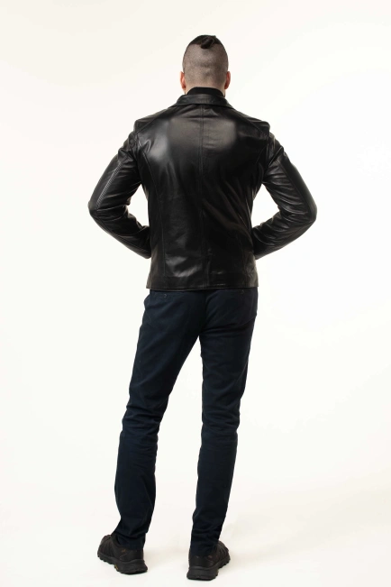Мужская кожаная куртка черная гладкая-9