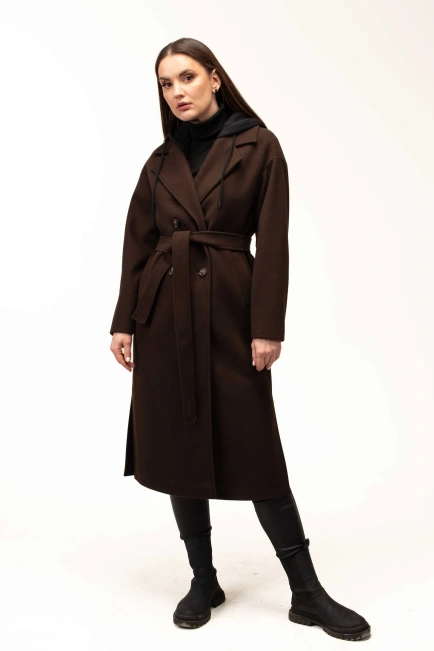 Жіноче пальто коричневе з чорним капюшоном-3