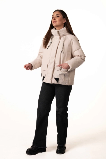 Молочный биопуховик с капюшоном и карманами-5