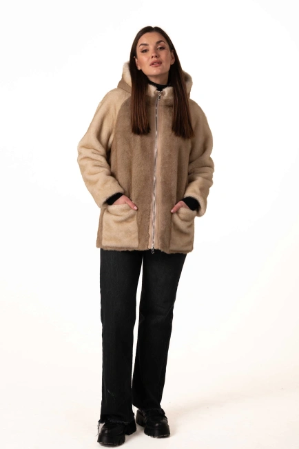 Шуба из экомеха в бежевых оттенках-10