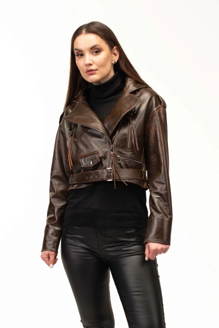 Шкіряна куртка коричнева з капюшоном-1