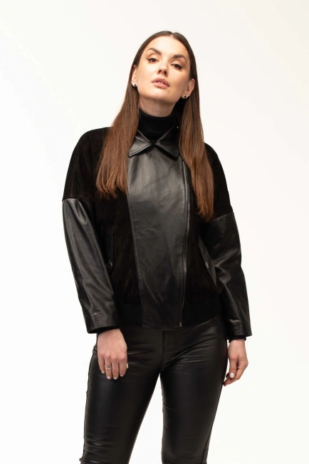 Жіноча чорна шкіряна куртка з замшею-4