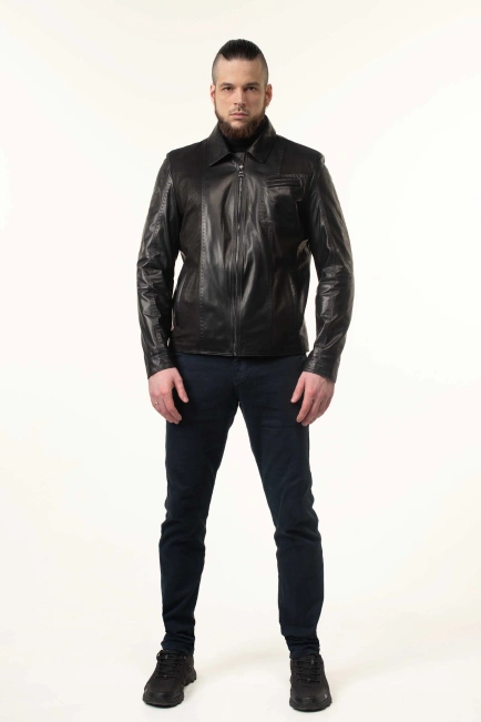 Шкіряна куртка чорна з нагрудною кишенею-6