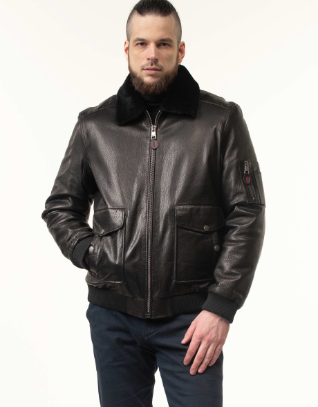 Кожаная дублёнка-бомбер с меховым воротником